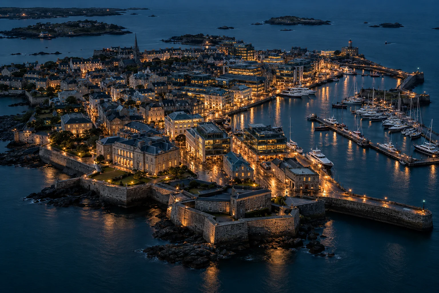 Aerial view of a harbour town at night, lit along the quays