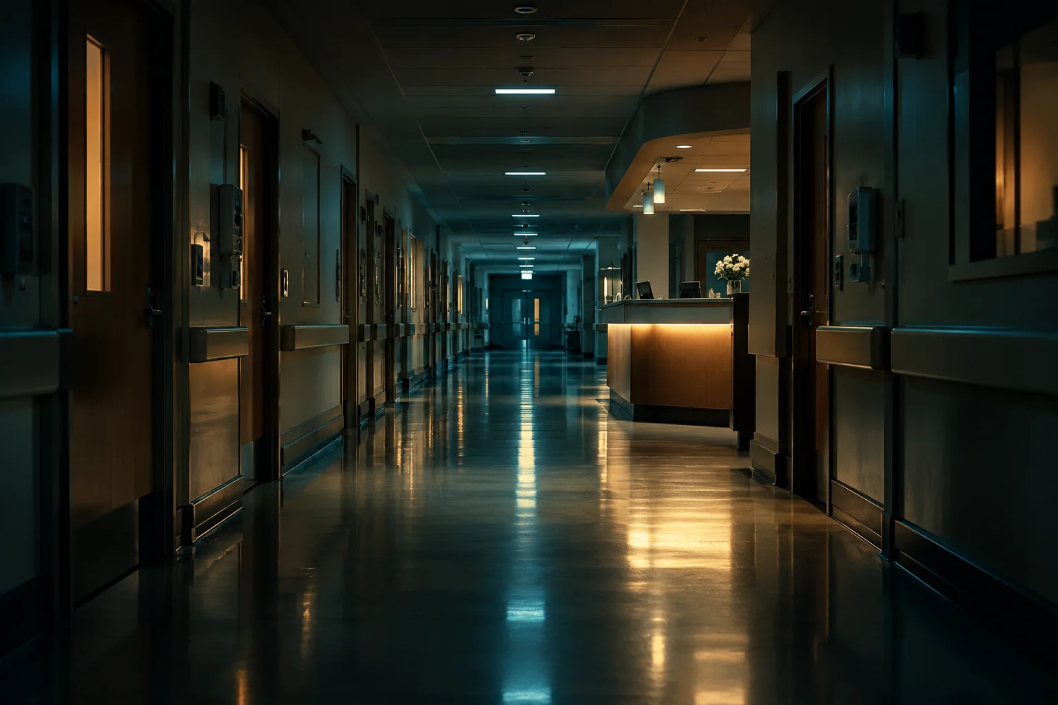 A hospital corridor at night, the front desk lit at its far end