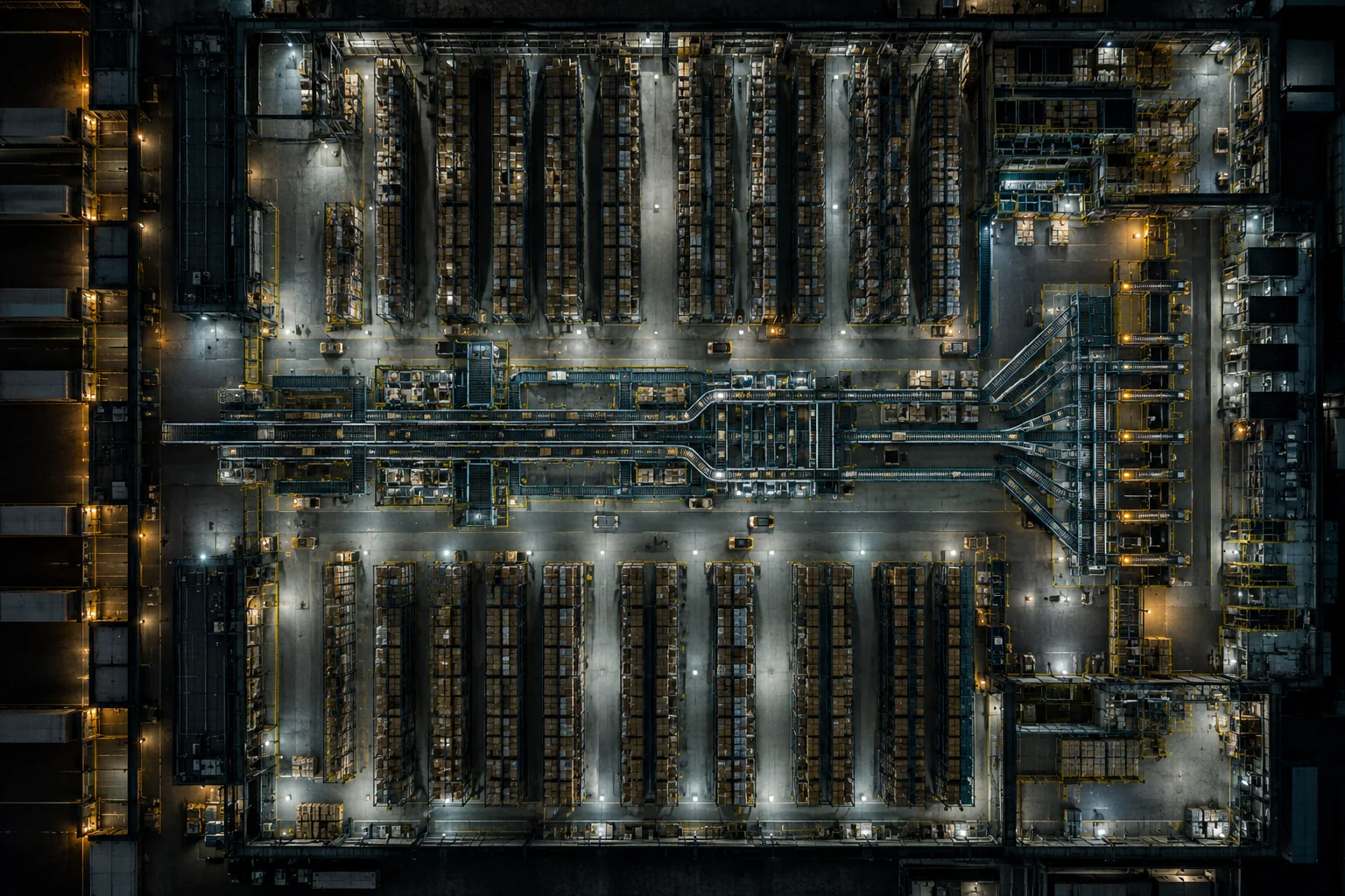A warehouse floor seen from directly above, conveyors lit between the racking