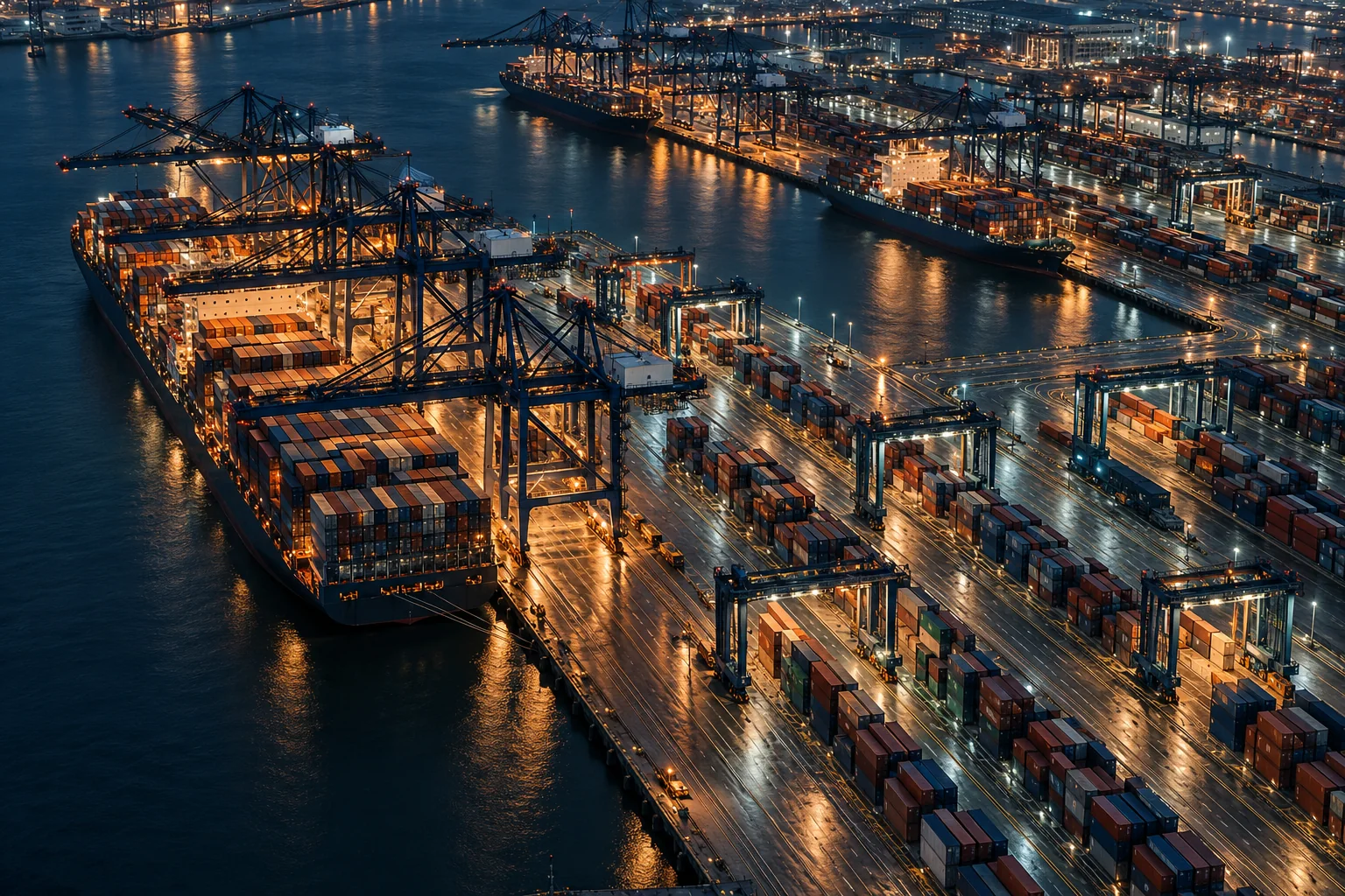 A container port at night, ships alongside under gantry cranes