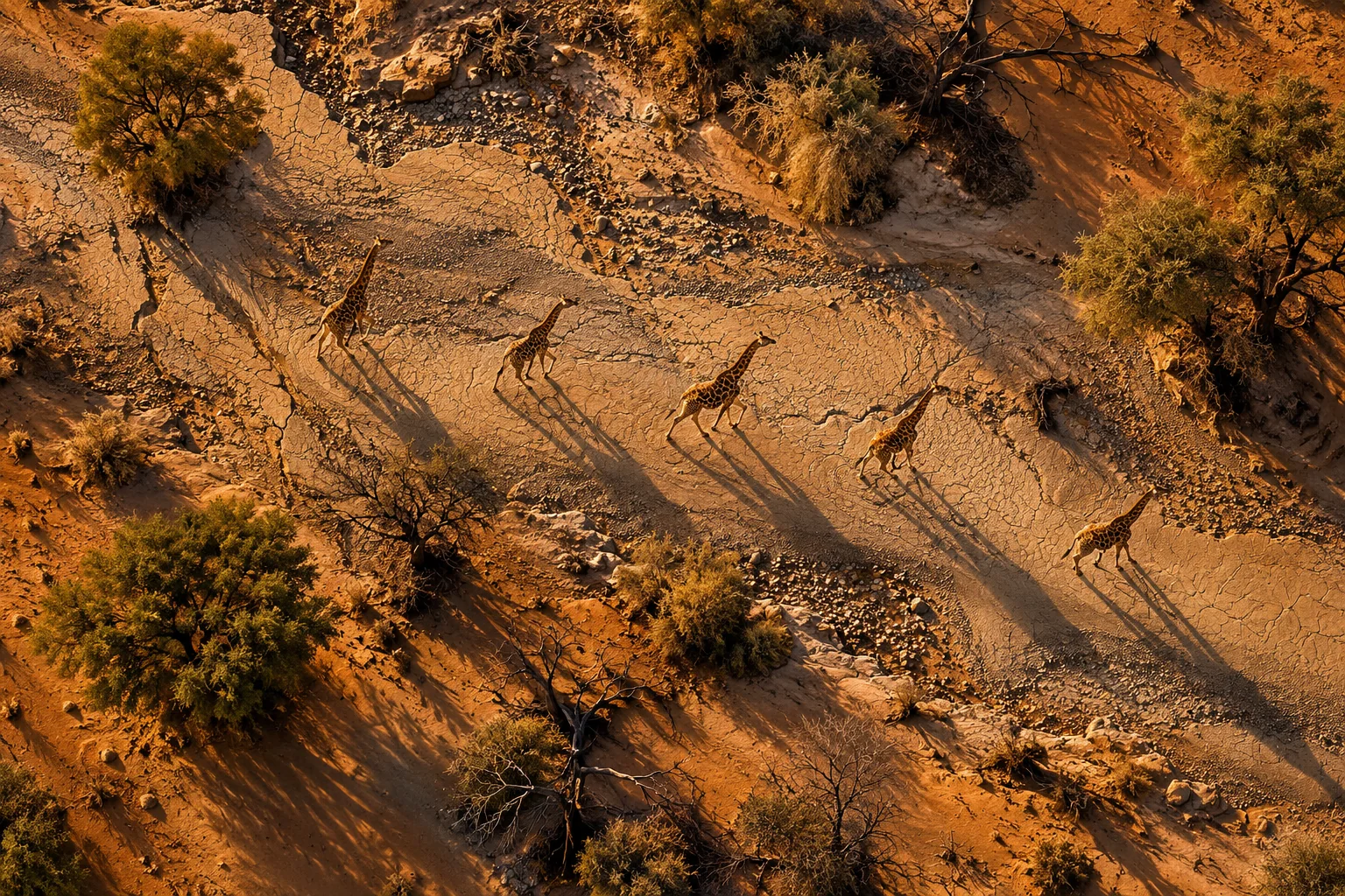 Giraffes walking in single file across sand, seen from above